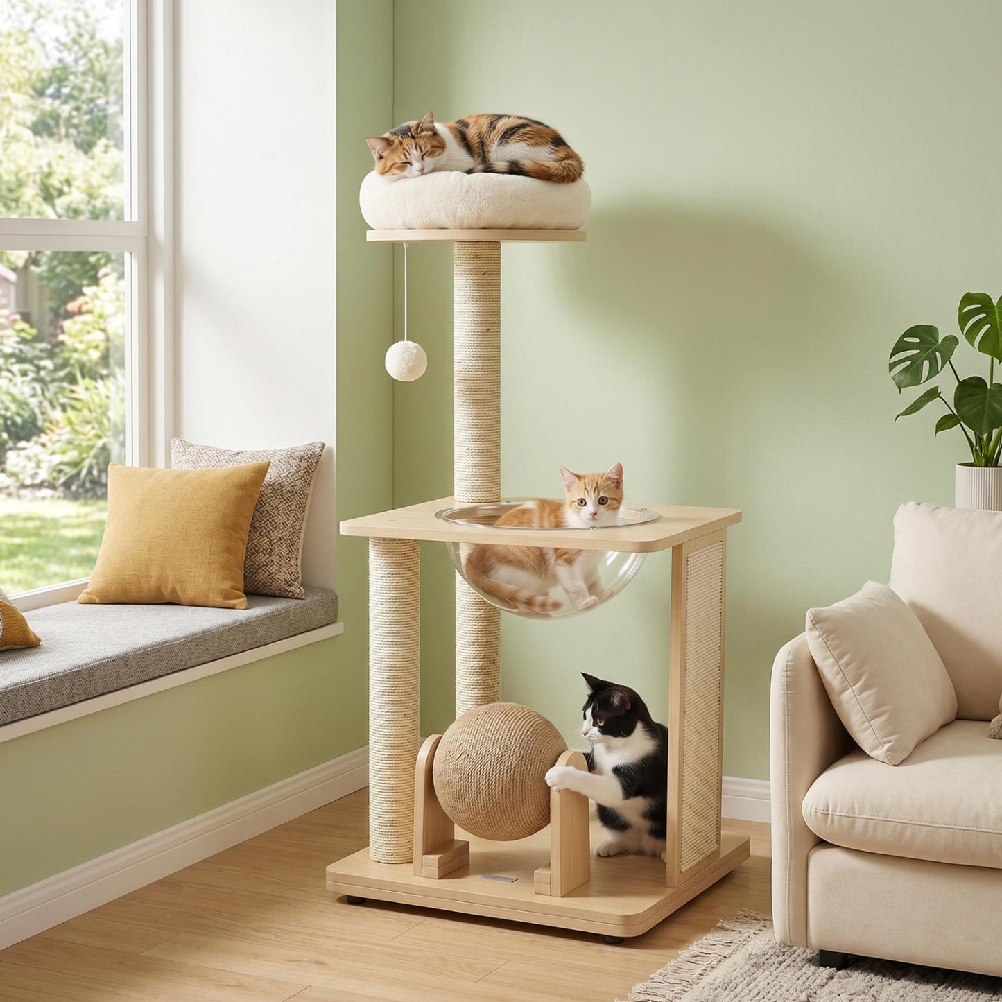 40" Solid Wood Cat Tree With Space Capsule & Sisal Posts