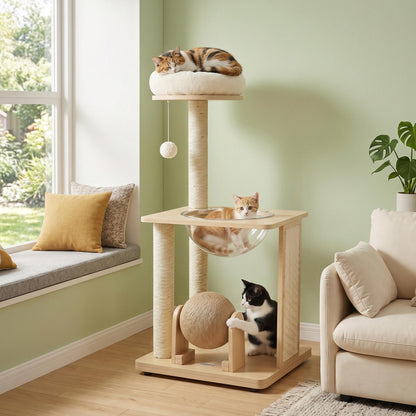 40" Solid Wood Cat Tree With Space Capsule & Sisal Posts
