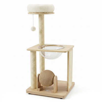 40" Solid Wood Cat Tree With Space Capsule & Sisal Posts