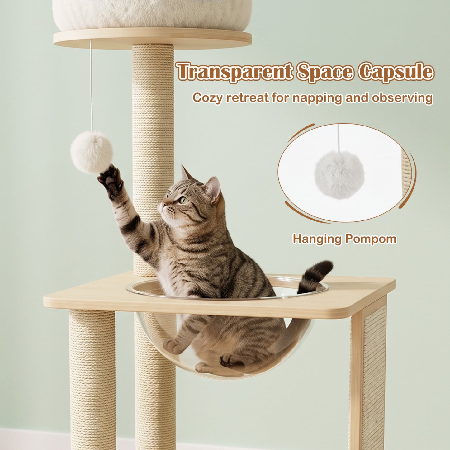 40" Solid Wood Cat Tree With Space Capsule & Sisal Posts