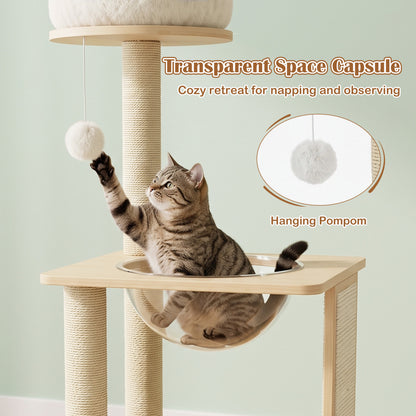 40" Solid Wood Cat Tree With Space Capsule & Sisal Posts