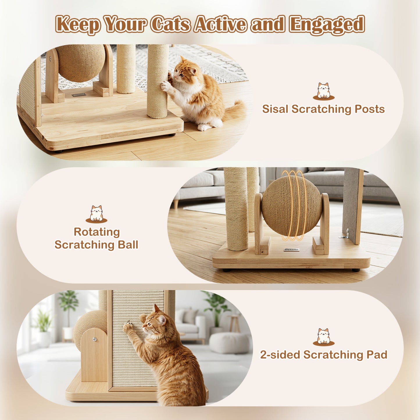40" Solid Wood Cat Tree With Space Capsule & Sisal Posts
