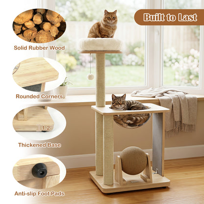 40" Solid Wood Cat Tree With Space Capsule & Sisal Posts