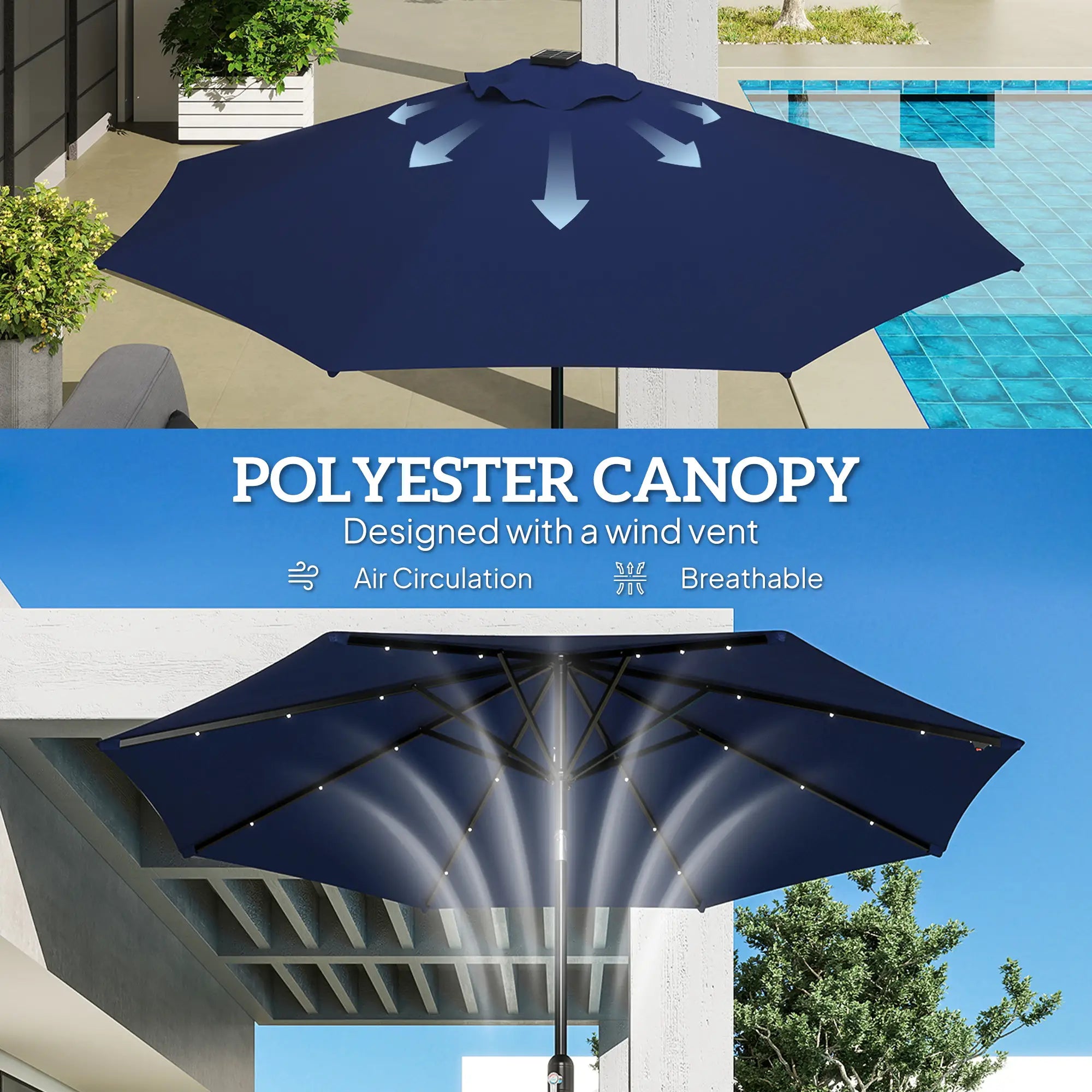 9ft Solar Patio Umbrella, 24 LED Lights, Tilt Canopy, Navy Blue Sun Umbrellas at Gallery Canada