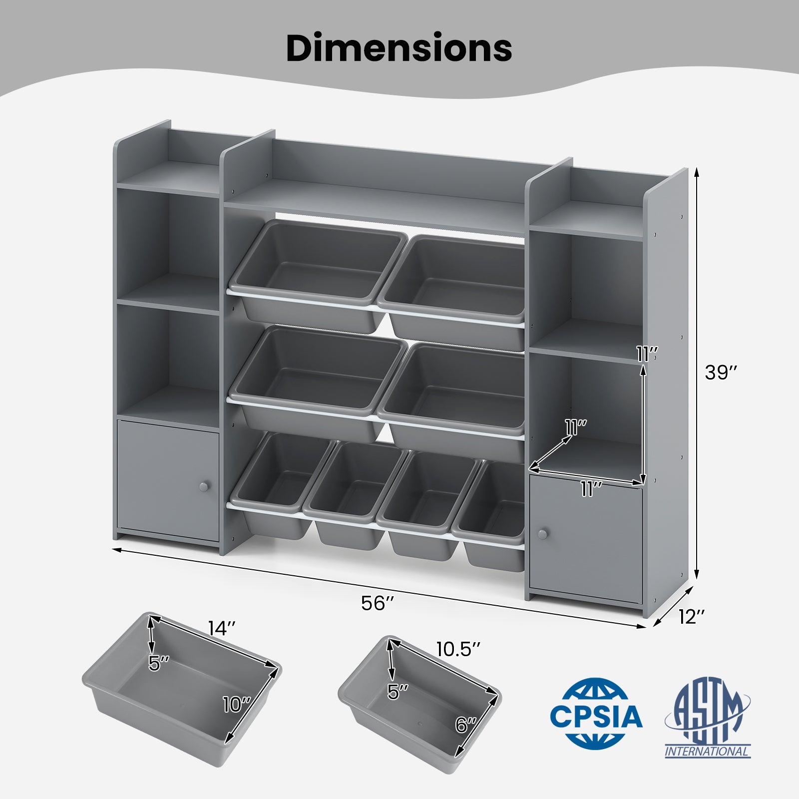56 Inch Large Toy Storage Organizer, 8 Removable Bins, Bookshelf, Gray Kids Storage at Gallery Canada