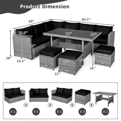 7-Piece Patio Rattan Dining Set, Sectional Sofa, Wicker Ottoman, Black Outdoor Sectionals at Gallery Canada