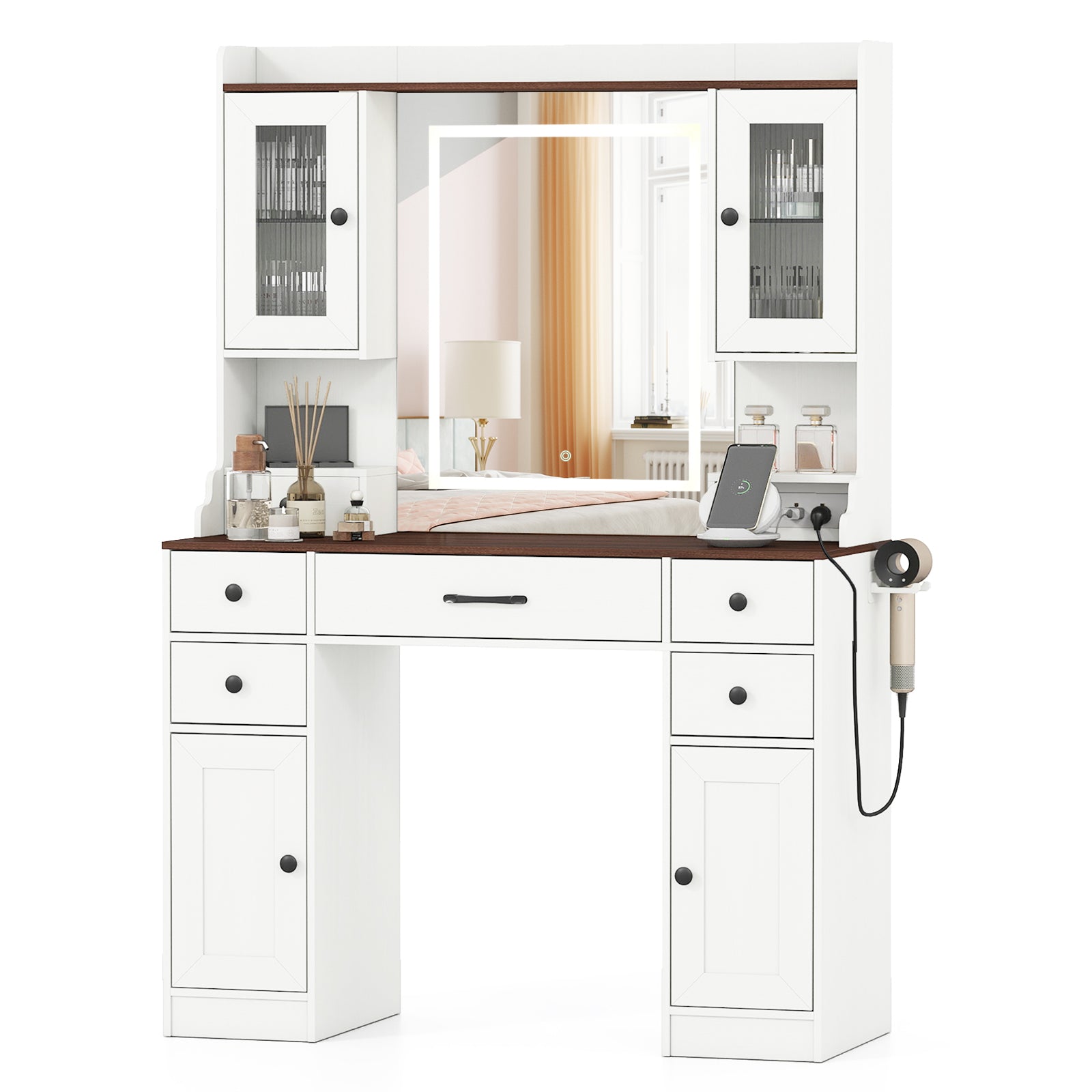 41.5 Inch Makeup Dressing Table with Power Outlets and 3 Color Lighting Modes-WH+, White Makeup Vanities at Gallery Canada