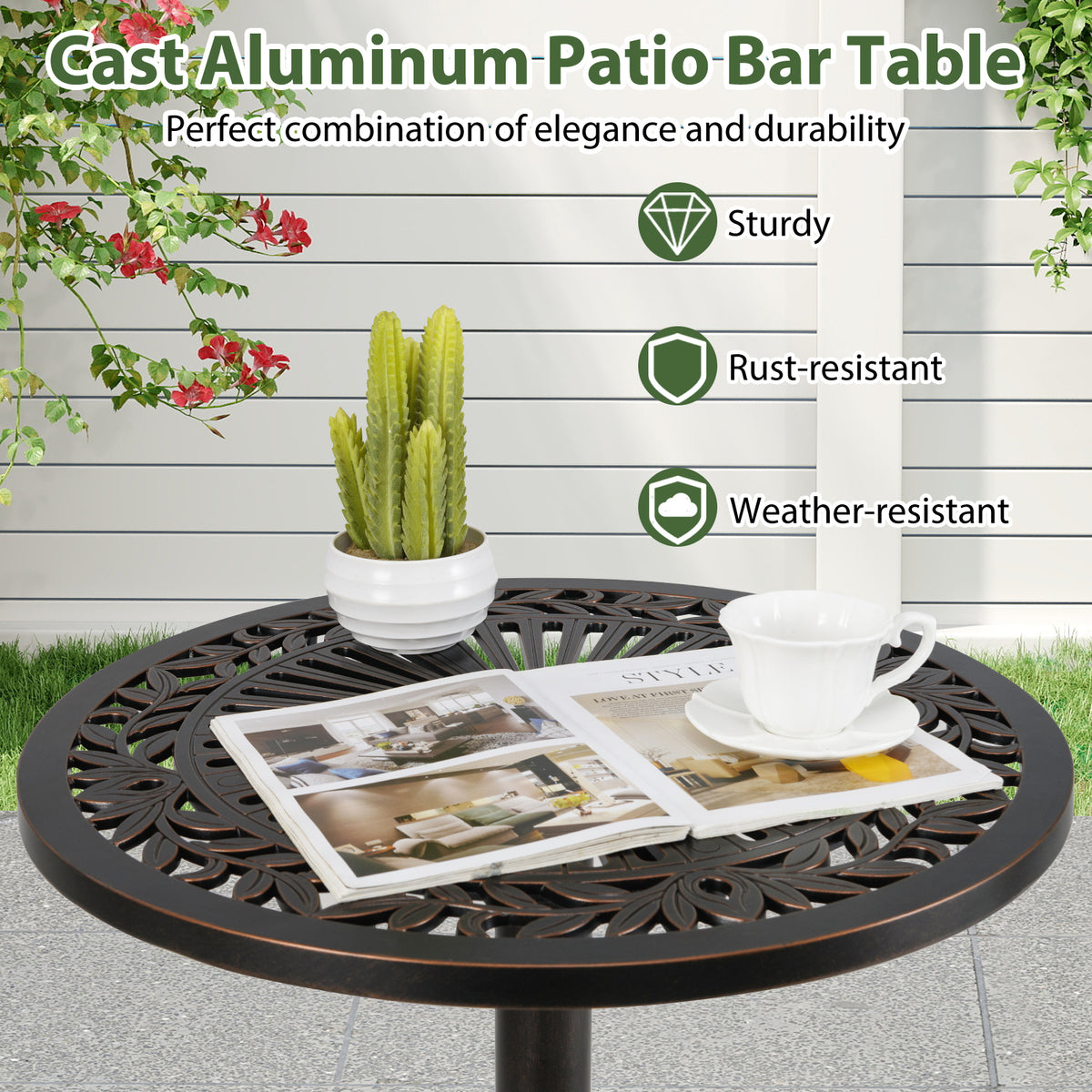 41.5 Inch Patio Round Bar Table Cast Aluminum Bistro Table for Garden, Bronze Patio Coffee Tables at Gallery Canada
