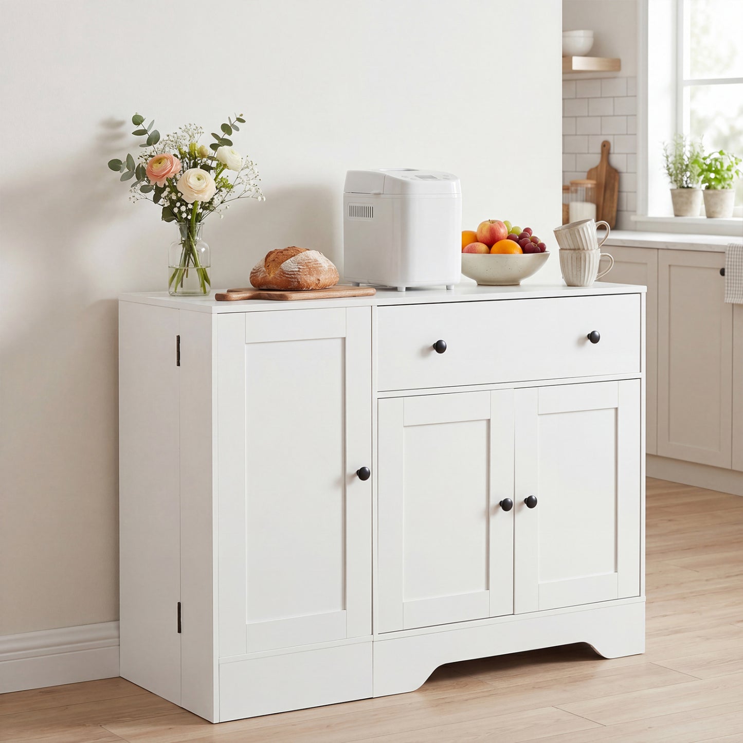 Modern Coffee Bar Cabinet 41.5", 3 Doors Rolling Wheel, White Sideboards Cabinets & Buffets at Gallery Canada