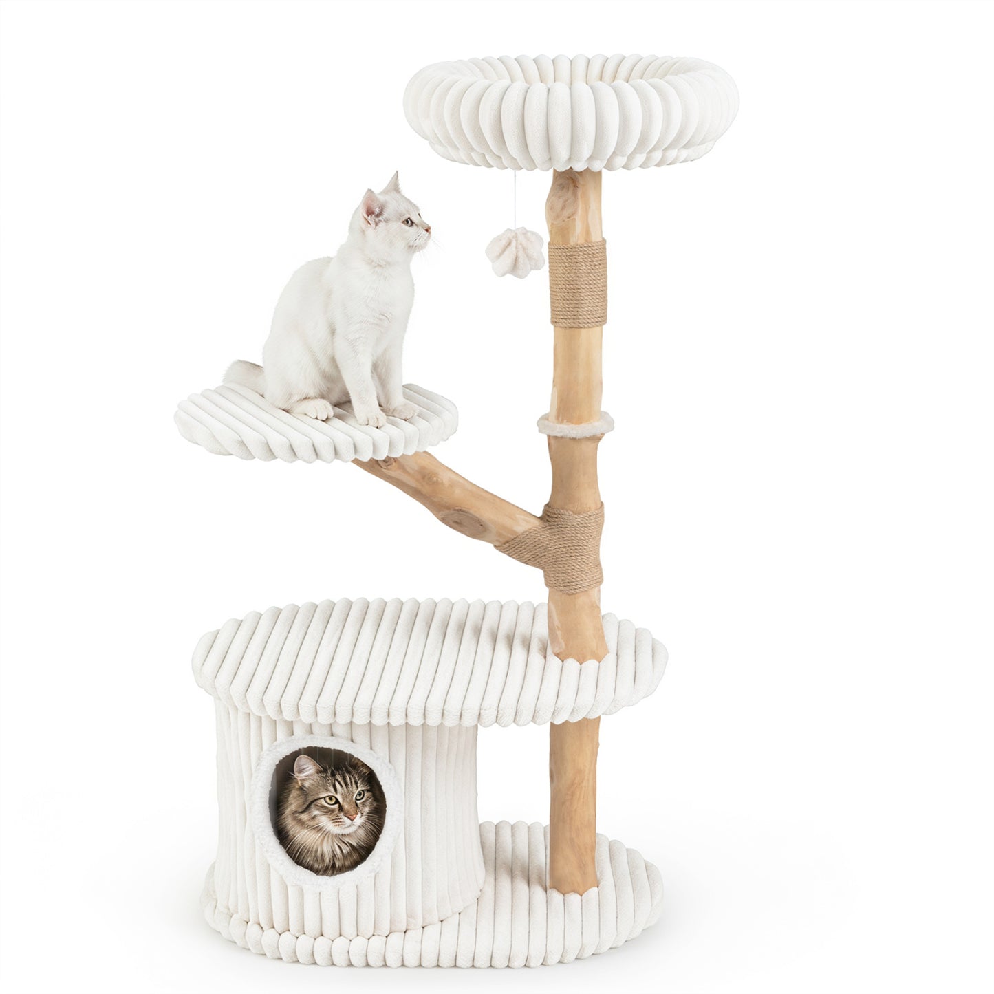 Tour à chat moderne, branches en bois véritable, poteaux à gratter, 41 po, beige