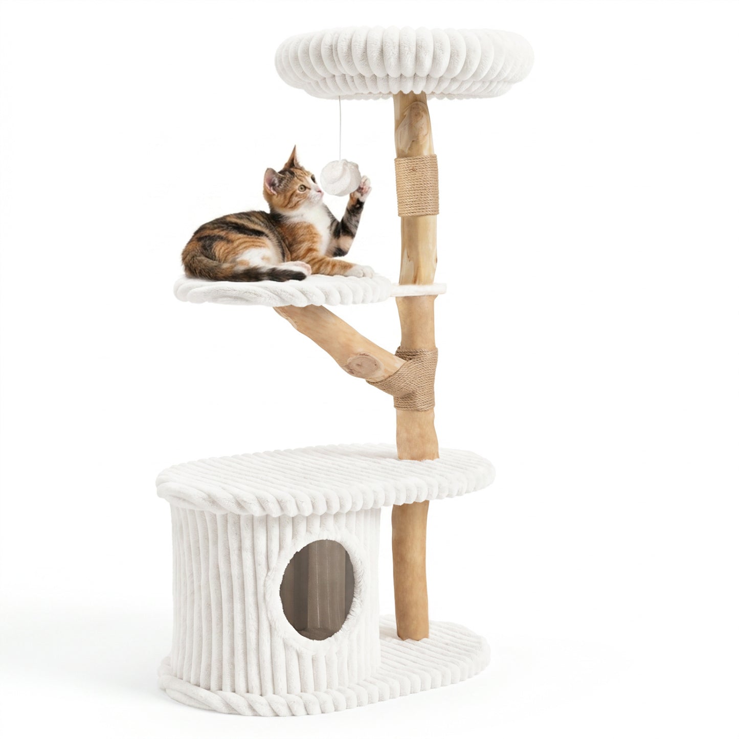 Tour à chat moderne, branches en bois véritable, poteaux à gratter, 41 po, beige