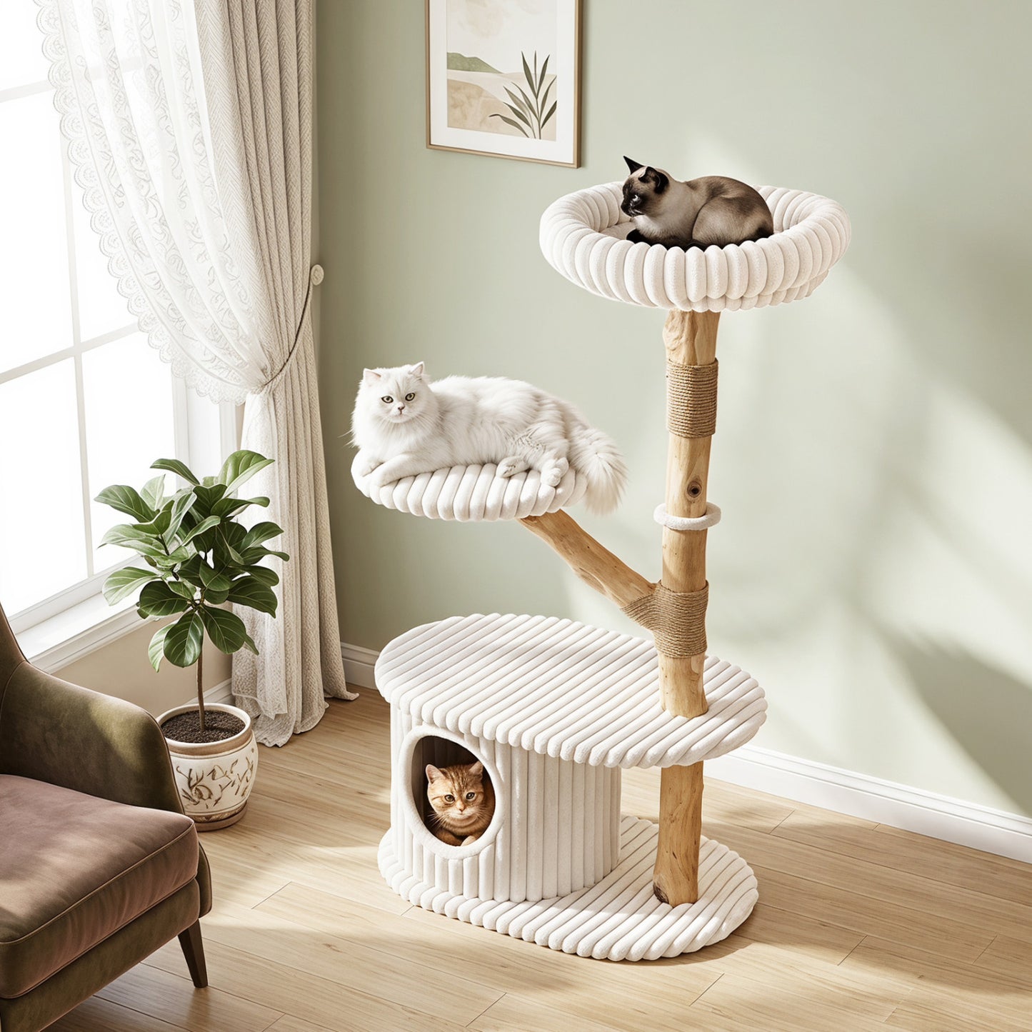Tour à chat moderne, branches en bois véritable, poteaux à gratter, 41 po, beige