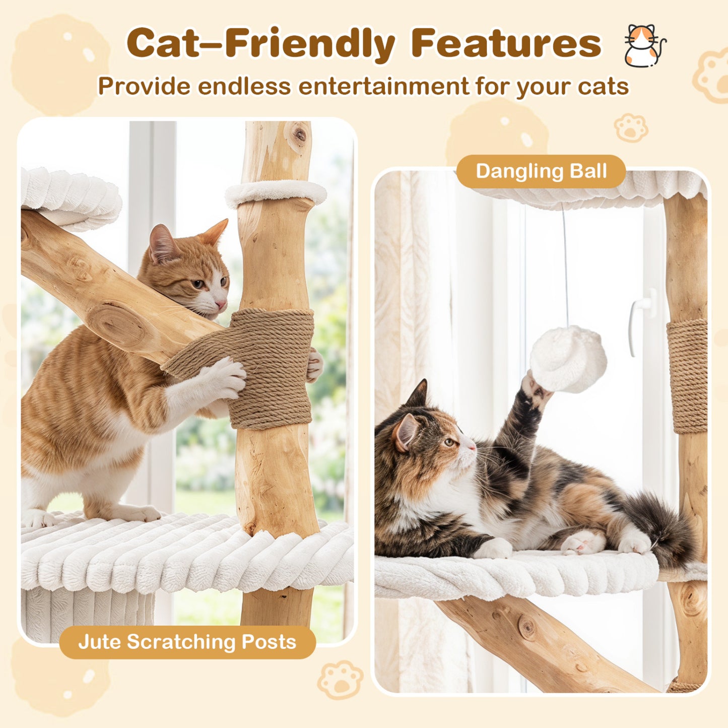 Tour à chat moderne, branches en bois véritable, poteaux à gratter, 41 po, beige