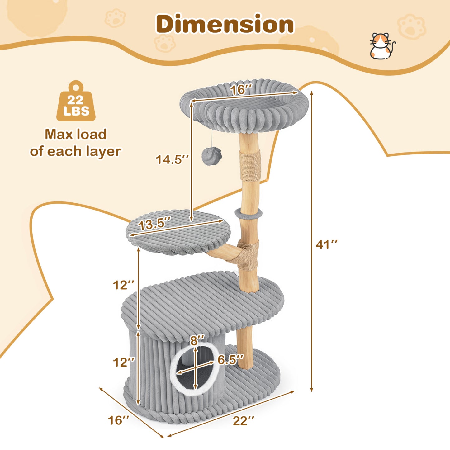 Modern Cat Tower, 41 Inch with Scratching Posts, Gray