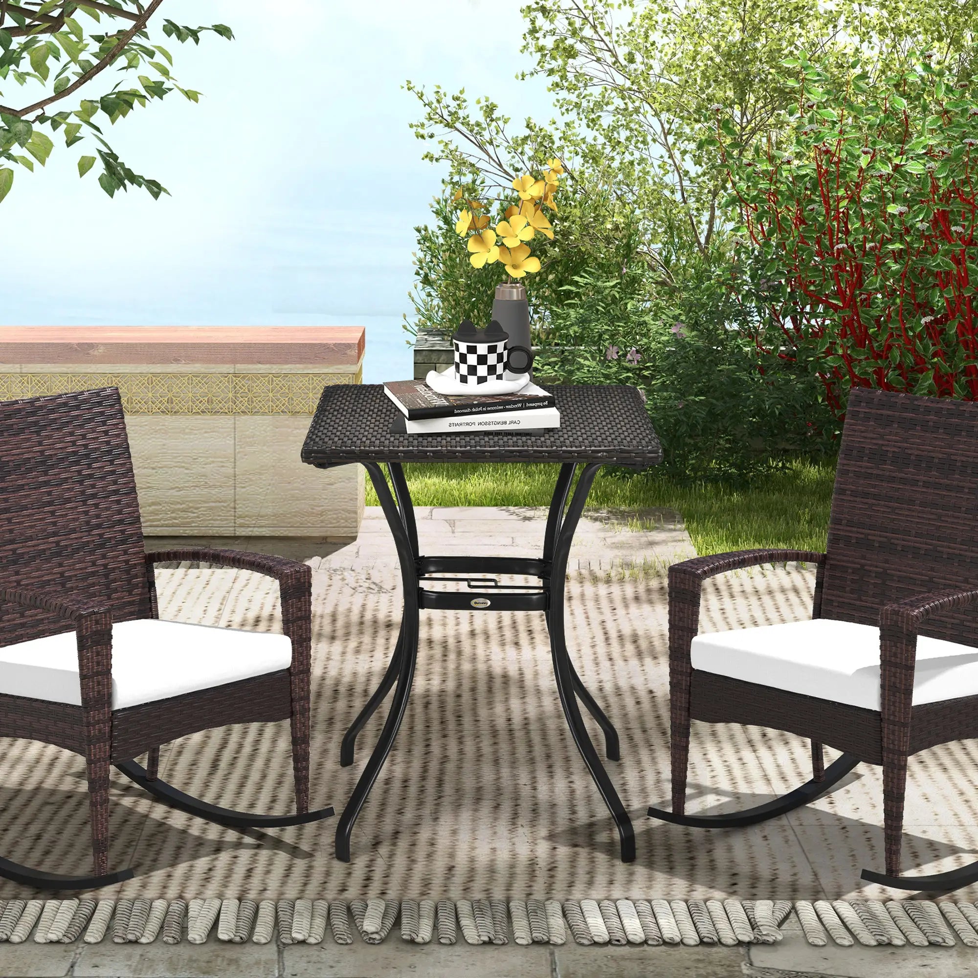 34 Inch Outdoor PE Rattan Dining Table, Umbrella Hole, Mixed Brown, Brown Patio Side Tables at Gallery Canada