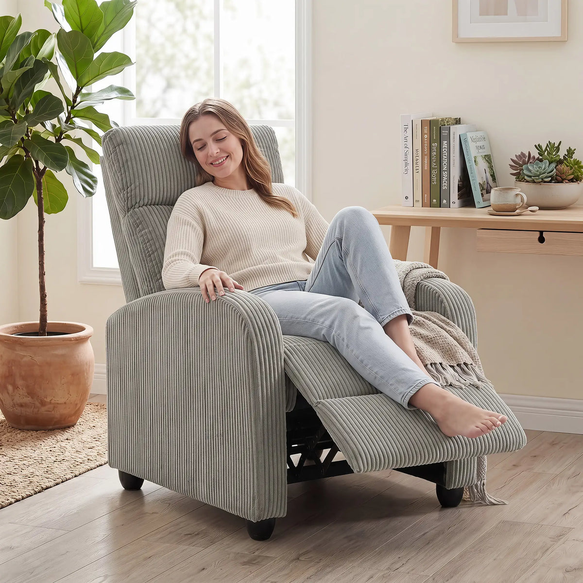 Corduroy Push Back Recliner Chair with Padded Seat, Grey