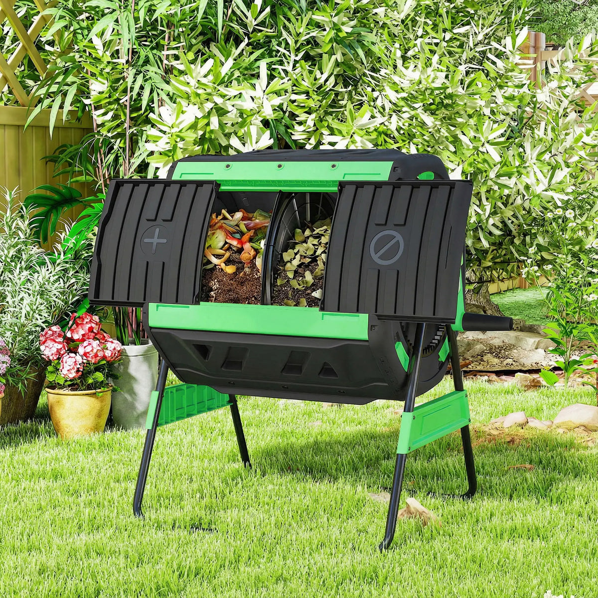 53 Gal Dual Chamber Tumbling Composter, Adjustable Vents, BPA Free, Green