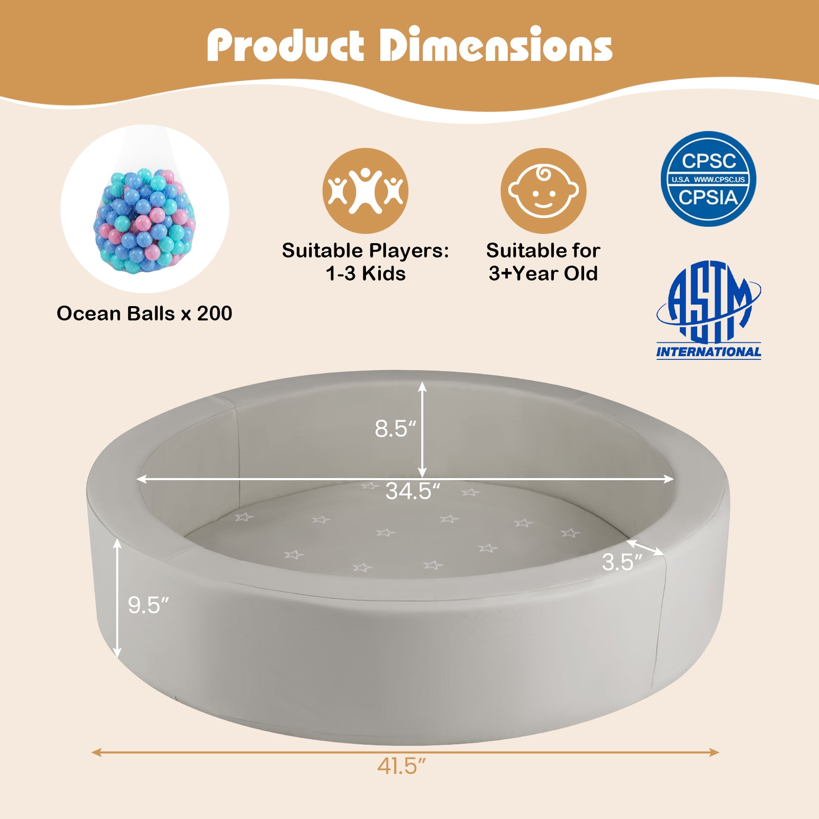 42.5 Inch Round Foam Ball Pits with 25D Sponge Filling and Washable PU Cover for Toddlers, Gray Climbers & Slides at Gallery Canada