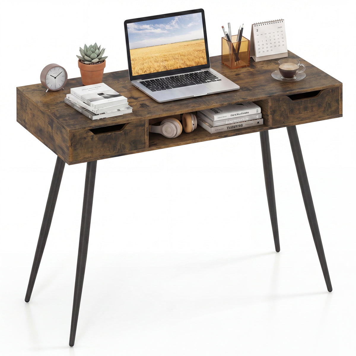 42.5" Mid Century Writing Desk, Metal Leg, Drawers, Rustic Brown Computer Desks Rustic Brown at Gallery Canada