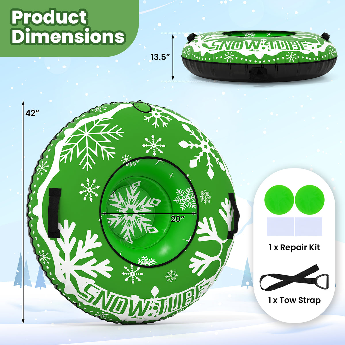 42" Heavy-duty Inflatable Snow Tube with Detachable Tow Strap, Green Winter Sports & Activities at Gallery Canada