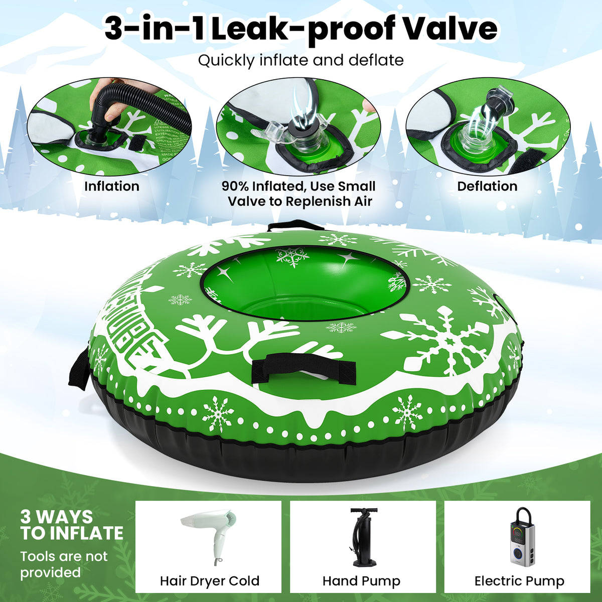 42" Heavy-duty Inflatable Snow Tube with Detachable Tow Strap, Green Winter Sports & Activities at Gallery Canada