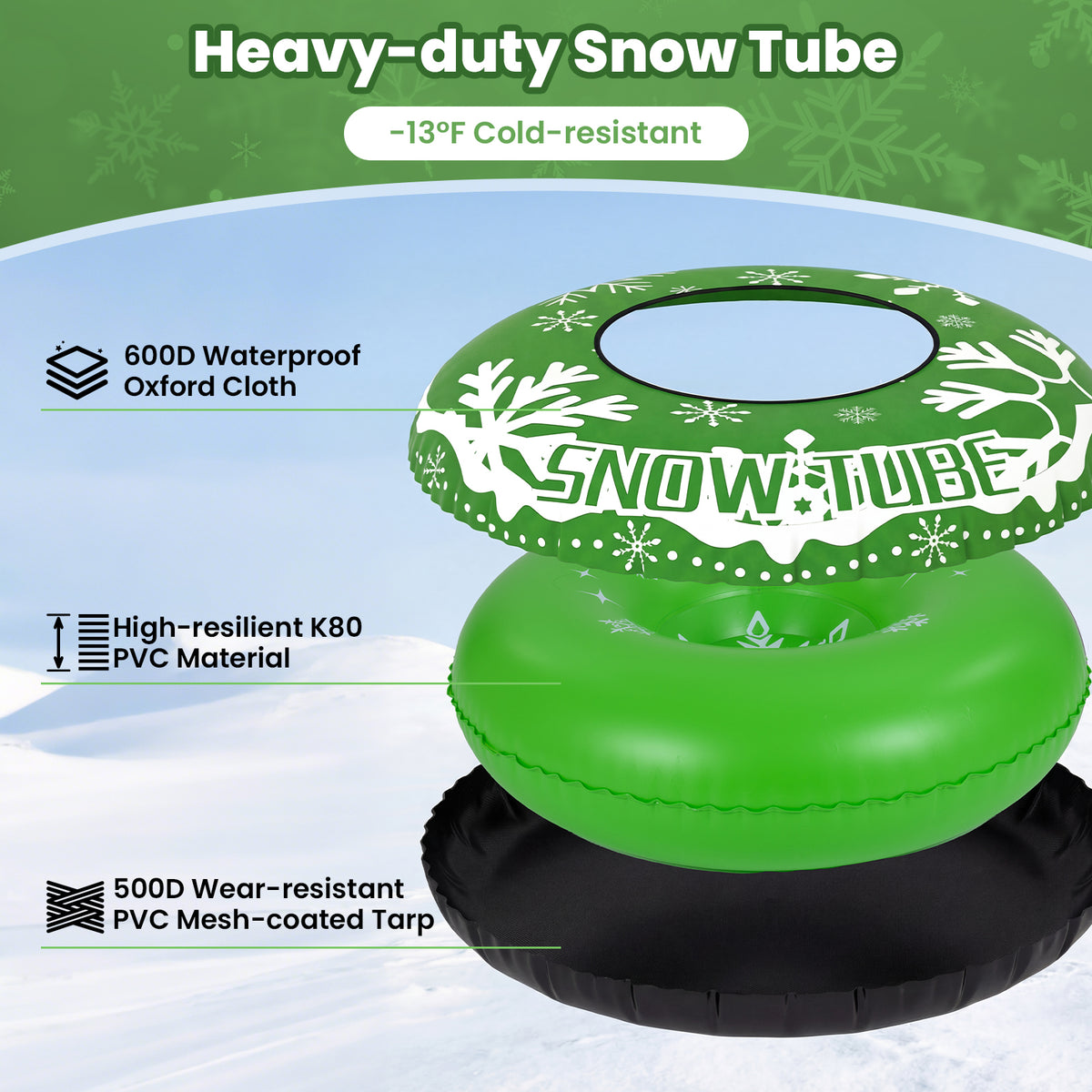 42" Heavy-duty Inflatable Snow Tube with Detachable Tow Strap, Green Winter Sports & Activities at Gallery Canada
