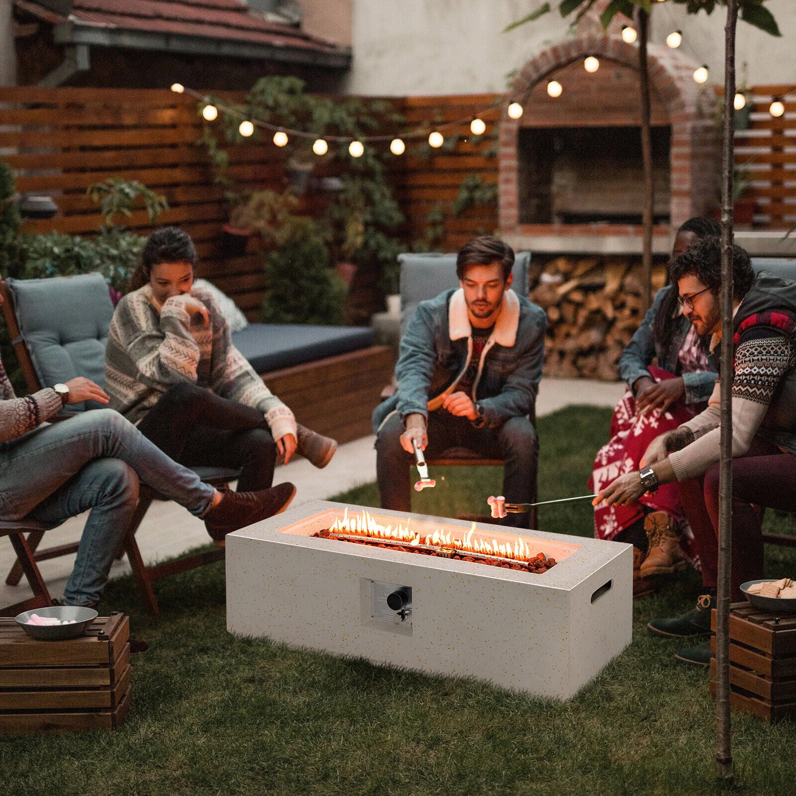 42 Inch 50,000 BTU Terrazzo Fire Pit Table, With PVC Cover, White Fire Pit Tables at Gallery Canada