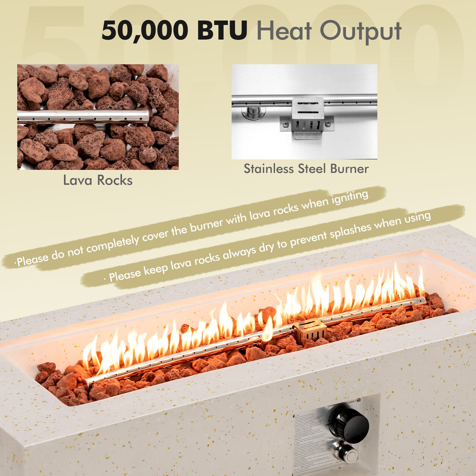 42 Inch 50,000 BTU Terrazzo Fire Pit Table, With PVC Cover, White Fire Pit Tables at Gallery Canada