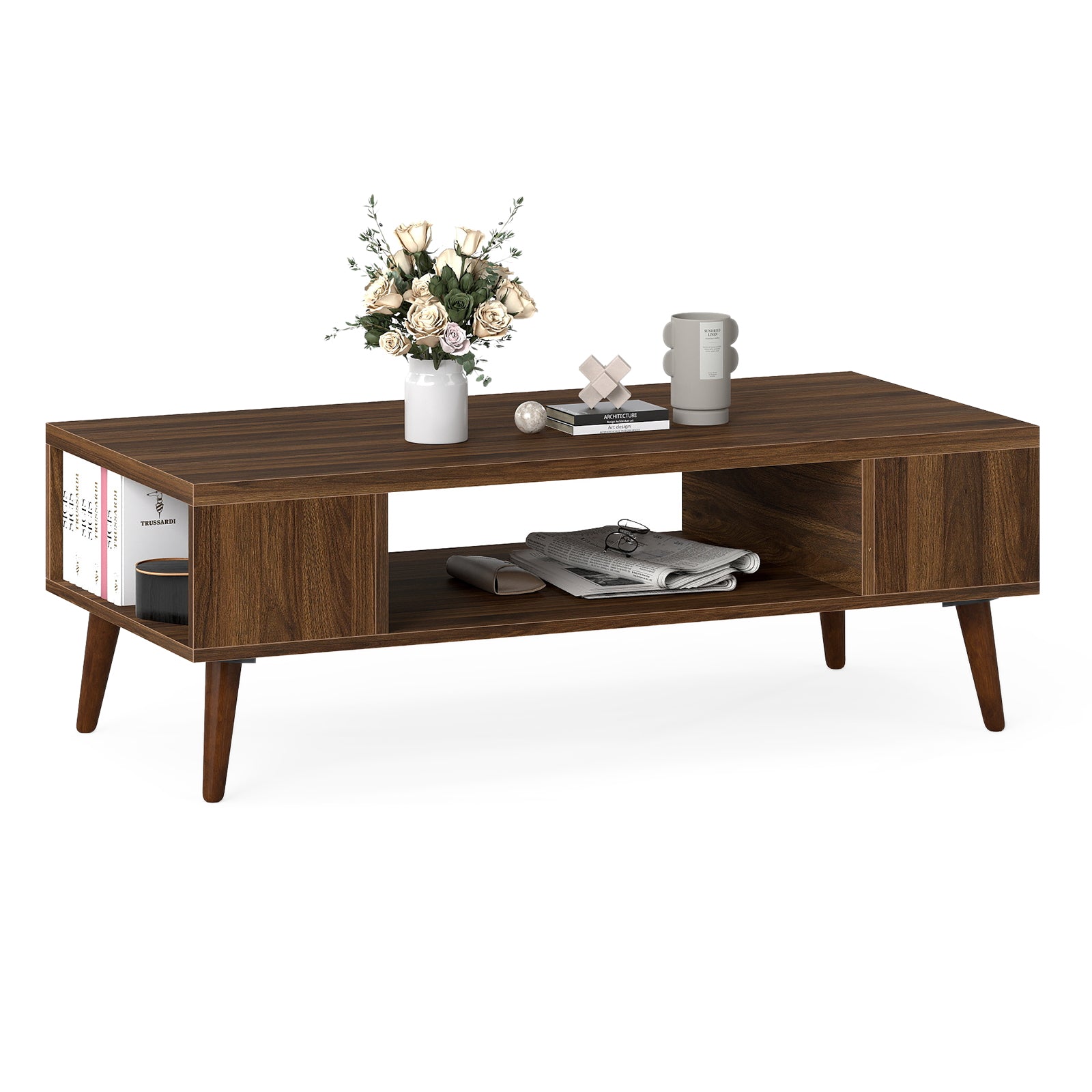 42 Inch Mid Century Modern Coffee Table Rectangular with Open Compartment, Walnut Coffee Tables at Gallery Canada