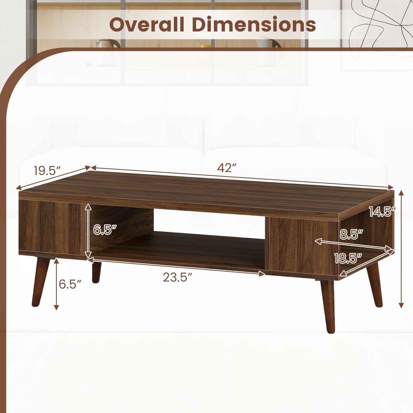 42 Inch Mid Century Modern Coffee Table Rectangular with Open Compartment, Walnut Coffee Tables at Gallery Canada