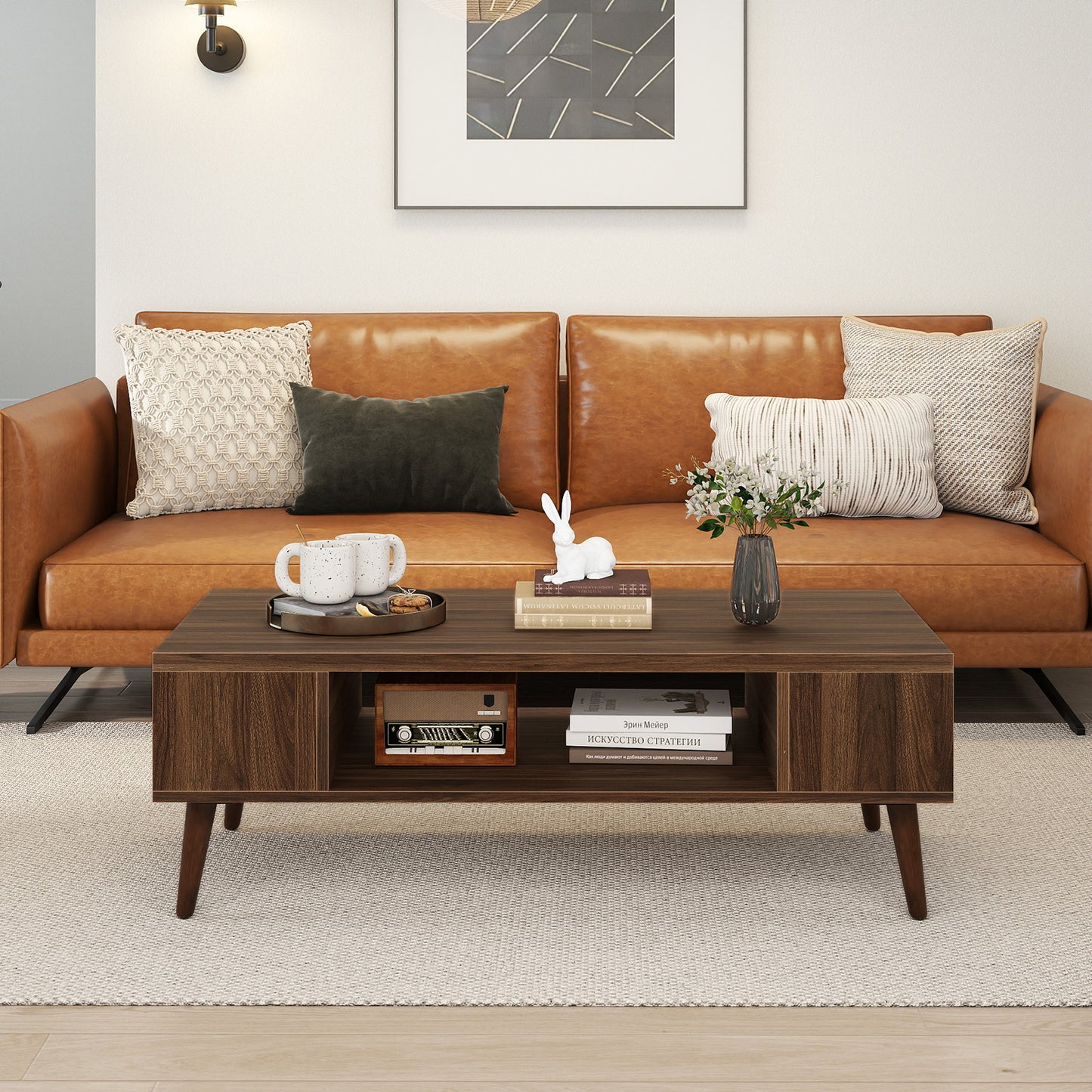 42 Inch Mid Century Modern Coffee Table Rectangular with Open Compartment, Walnut Coffee Tables at Gallery Canada