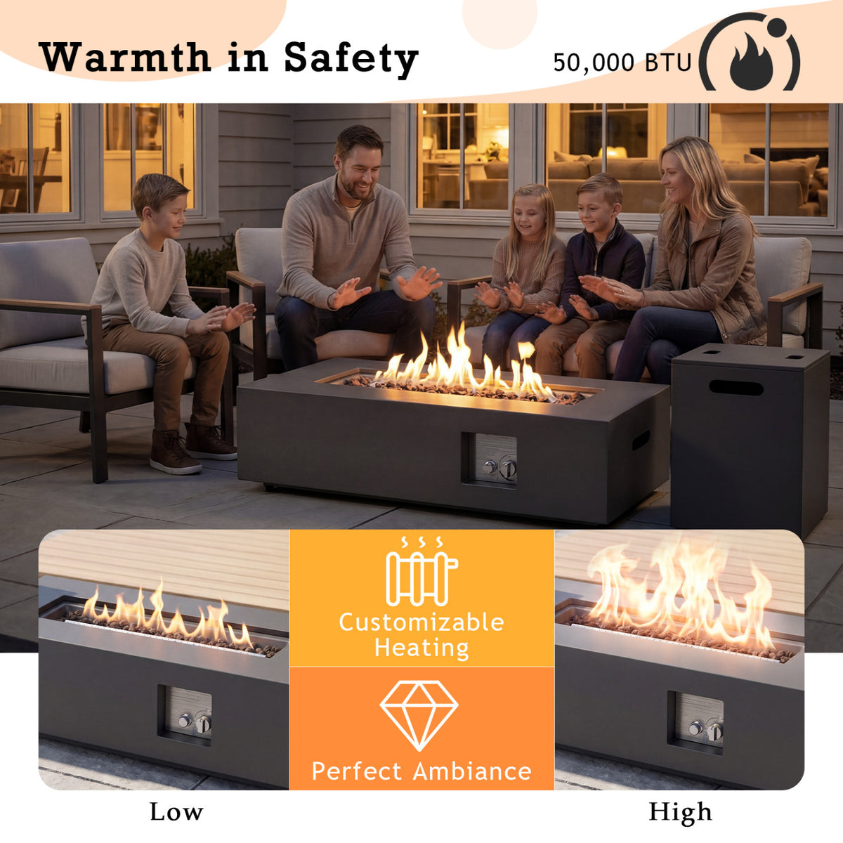 42 Inch Outdoor Rectangular Fire Table 50 000 BTU with Tank Holder, Black Fire Pit Tables at Gallery Canada