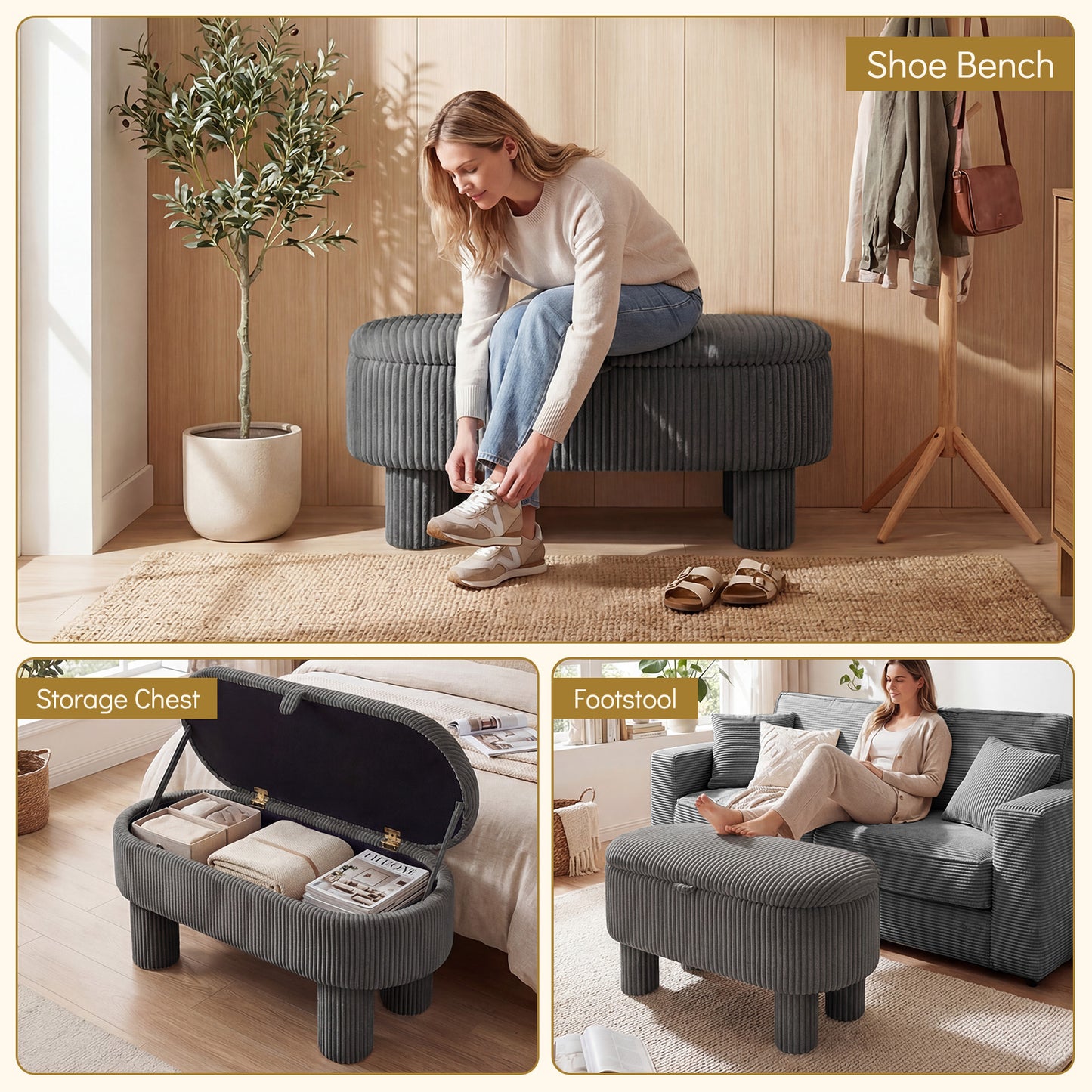 42 Inch Storage Ottoman Bench, Corduroy Fabric Footstool, Gray Ottomans at Gallery Canada