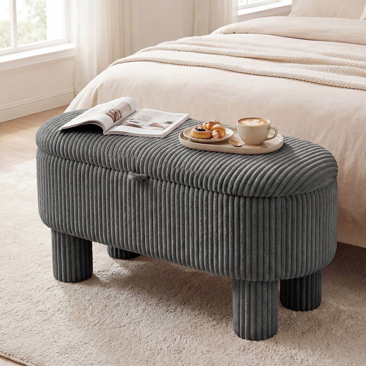 42 Inch Storage Ottoman Bench, Corduroy Fabric Footstool, Gray Ottomans at Gallery Canada