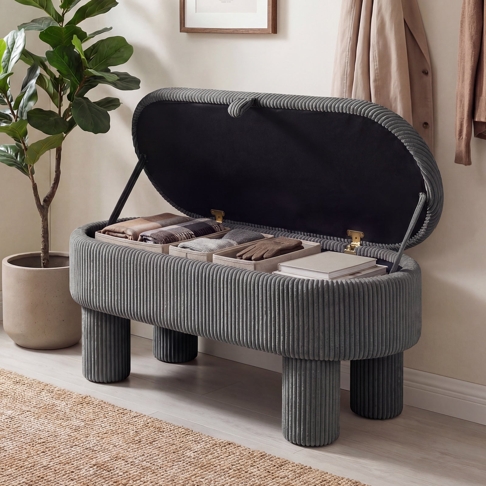 42 Inch Storage Ottoman Bench, Corduroy Fabric Footstool, Gray Ottomans at Gallery Canada