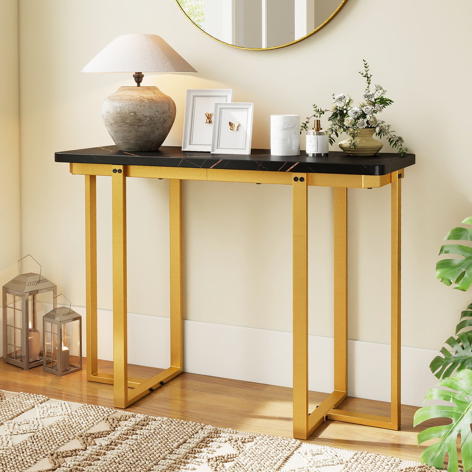 42 Inches Modern Faux Marble Entryway Table with Geometric Metal Frame, Black Console Tables at Gallery Canada