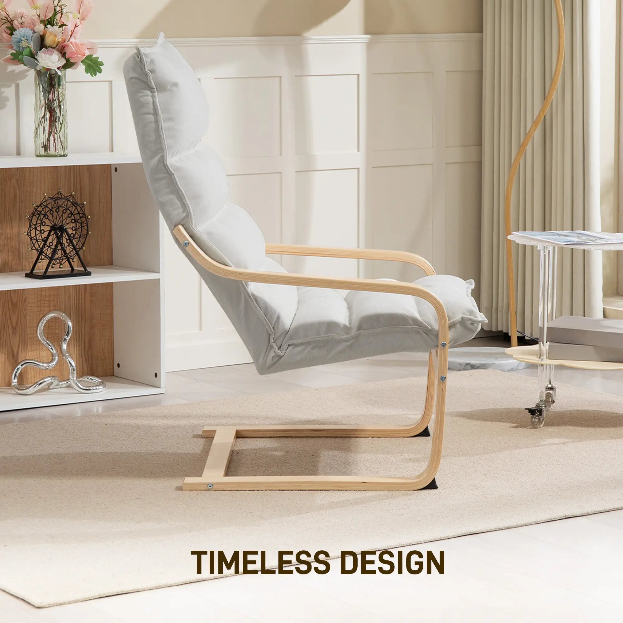 Birch Wood Fabric Modern Armchair, Curved Leg and Arm, Cream White Accent Chairs at Gallery Canada