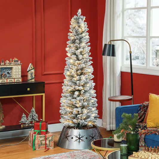 6ft Prelit Snow Flocked Christmas Tree, Metal Base, Warm White LED Pre Lit Christmas Trees Green at Gallery Canada