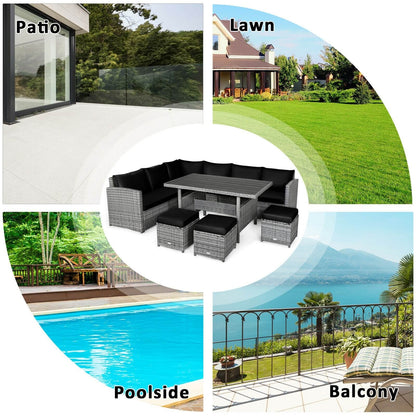 7-Piece Patio Rattan Dining Set, Sectional Sofa, Wicker Ottoman, Black Outdoor Sectionals at Gallery Canada