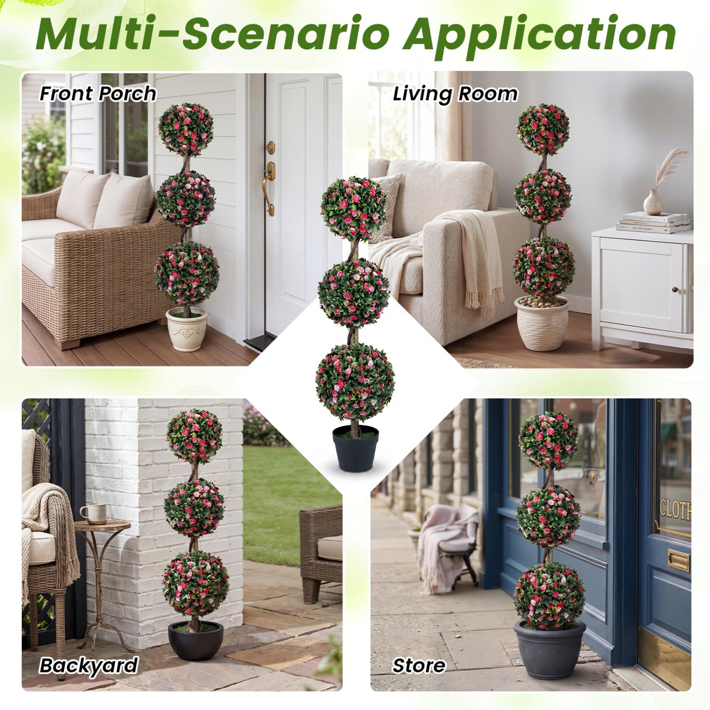 43.5" Artificial Triple Ball Rose Topiary Tree with Lifelike Blooms and Green Leaves Faux Plants at Gallery Canada