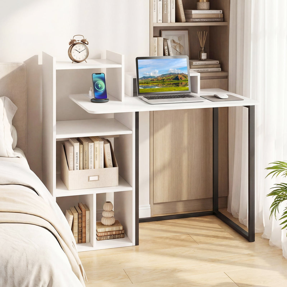 43.5" Computer Desk With Charging Station, Ergonomic Monitor Stand, White Computer Desks at Gallery Canada
