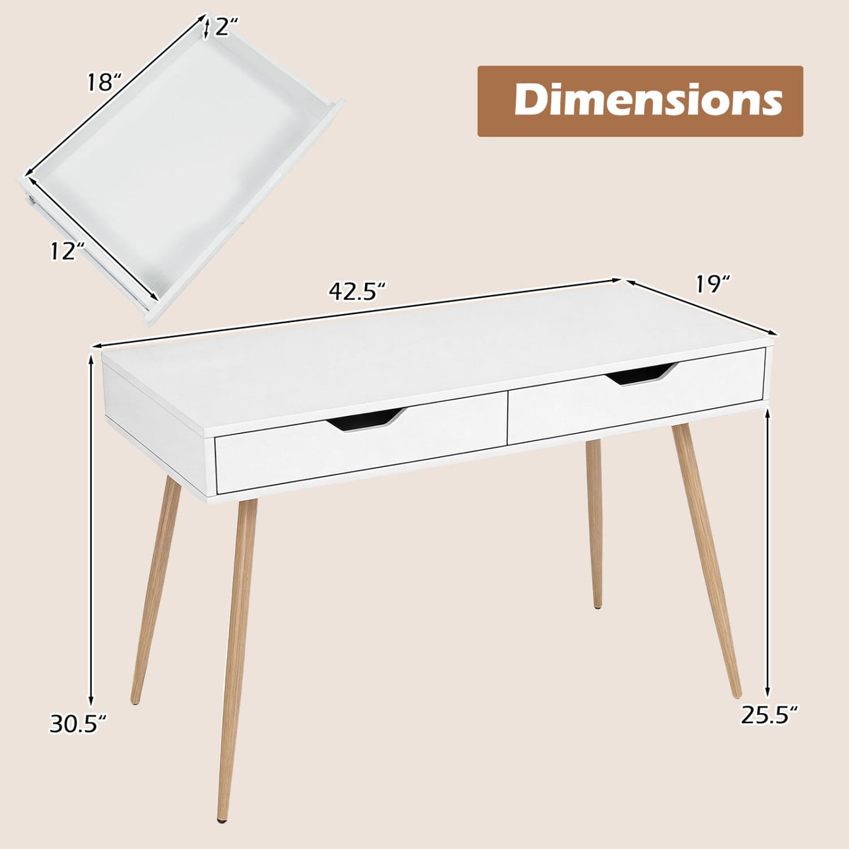 43.5 Inch Computer Desk With 2 Drawers, White Computer Desks at Gallery Canada