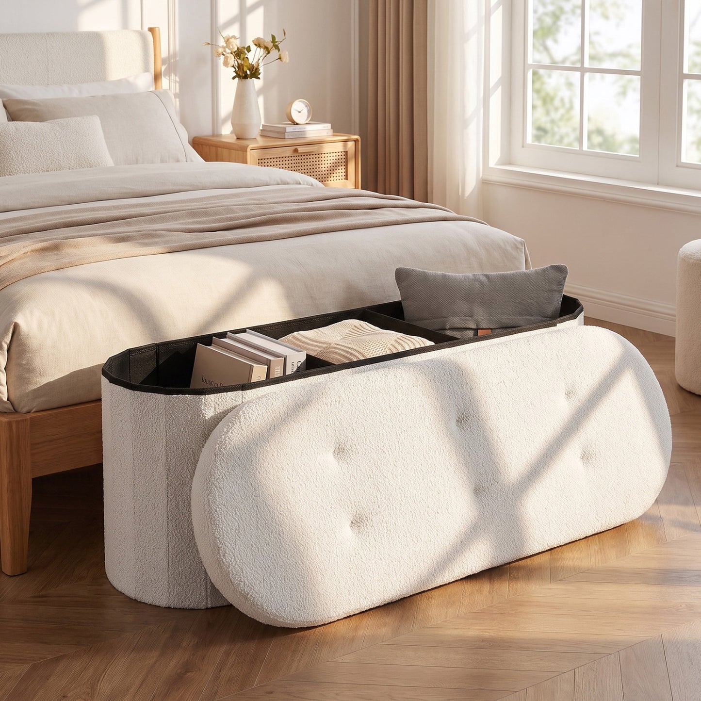 Folding Teddy Storage Ottoman Bench, 43", Beige
