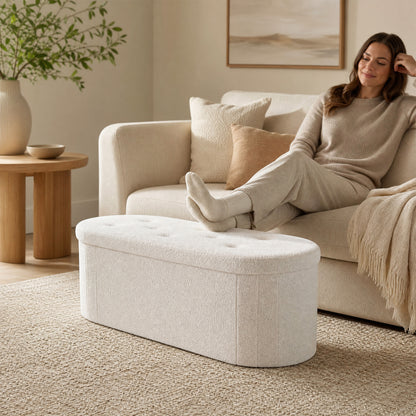 Folding Teddy Storage Ottoman Bench, 43", Beige