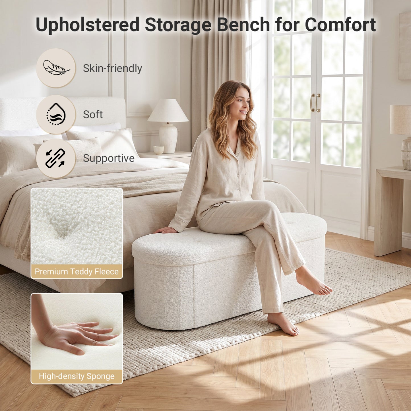 Folding Teddy Storage Ottoman Bench, 43", Beige