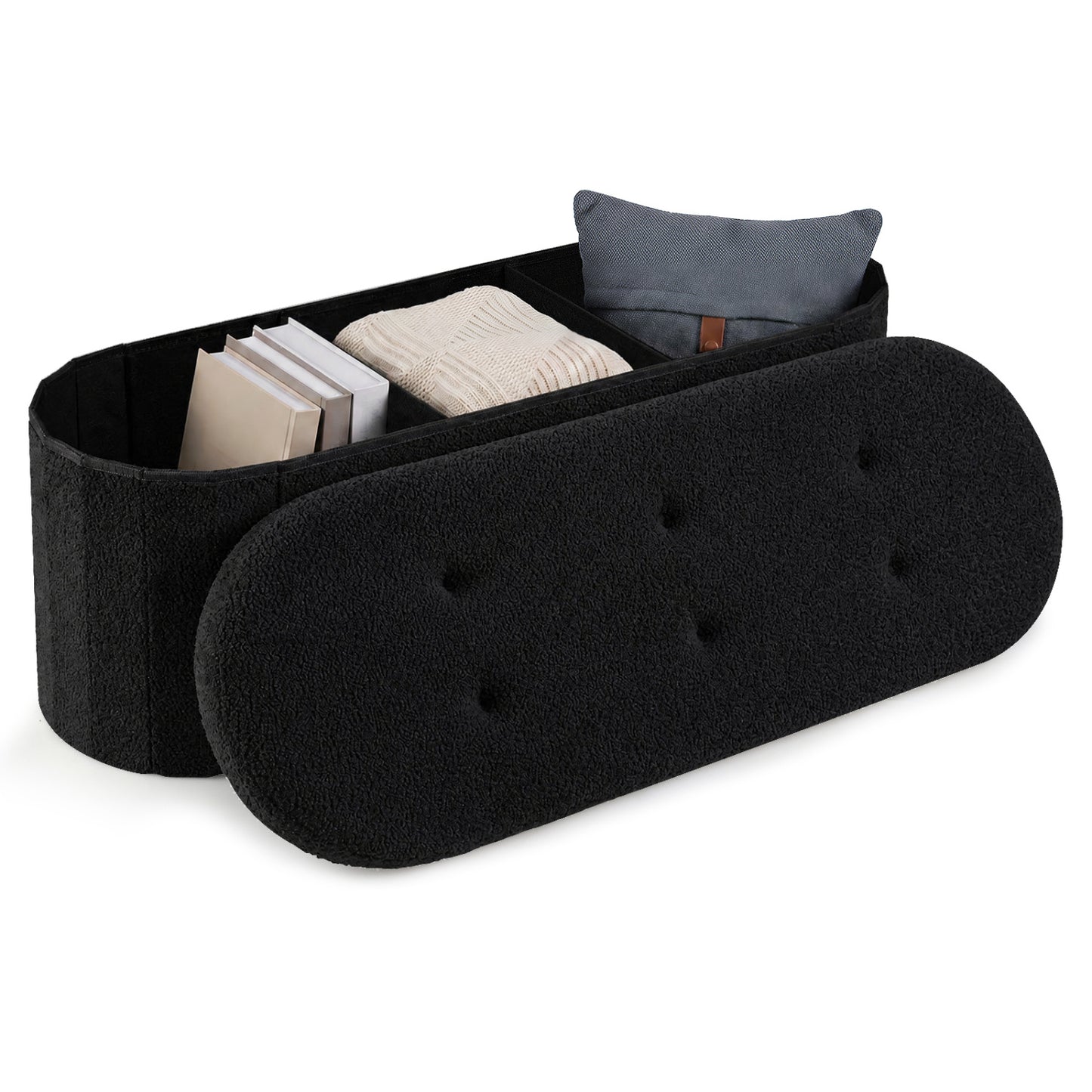 Pouf coffre de rangement Teddy pliable avec séparateurs, 43", noir