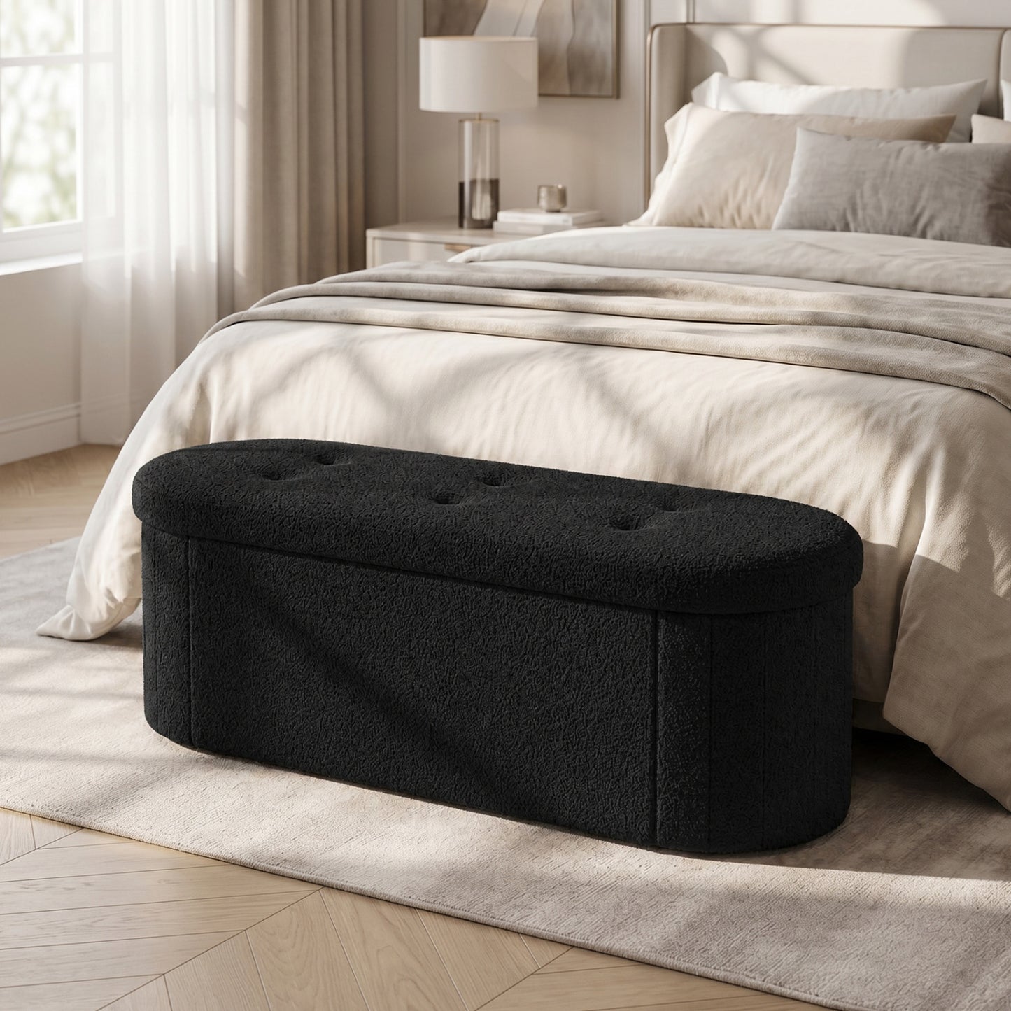 Pouf coffre de rangement Teddy pliable avec séparateurs, 43", noir