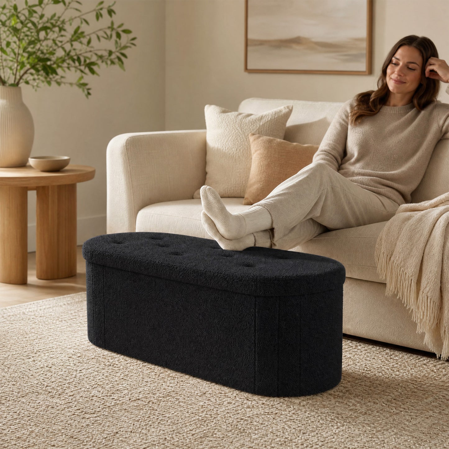 Pouf coffre de rangement Teddy pliable avec séparateurs, 43", noir