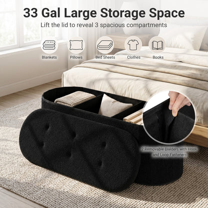 Pouf coffre de rangement Teddy pliable avec séparateurs, 43", noir