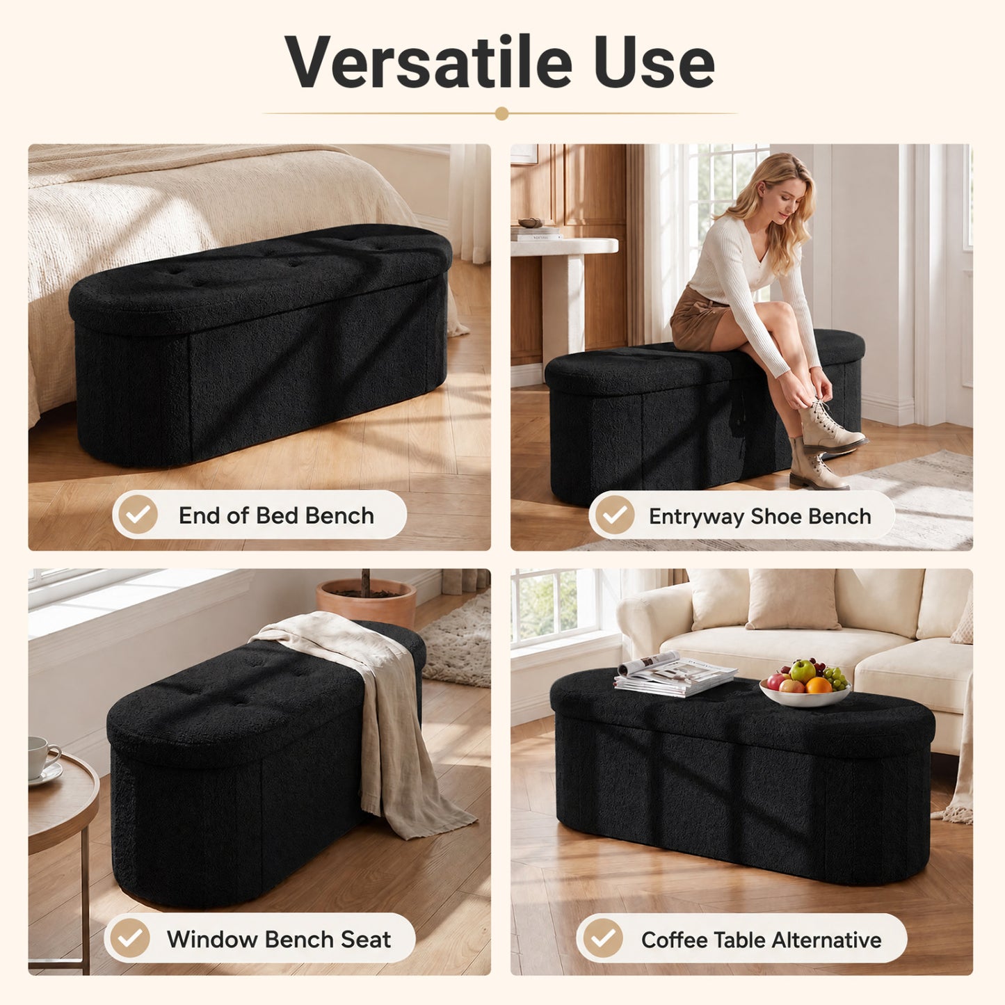 Pouf coffre de rangement Teddy pliable avec séparateurs, 43", noir